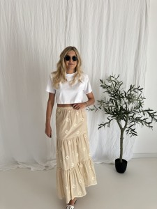 Spódnica maxi we wzory, Katalonia,100% bawełna, beżowa
