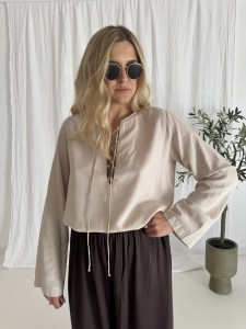 Bluzka MADERA z wiązaniem, beżowa, 85% bawełna, 15% len