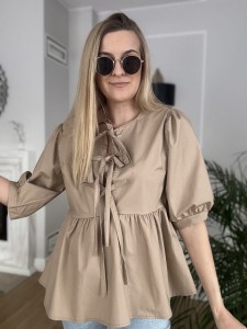 Bluzka z wiązaniami kokardki, Wygoda, 100% bawełna, beżowa